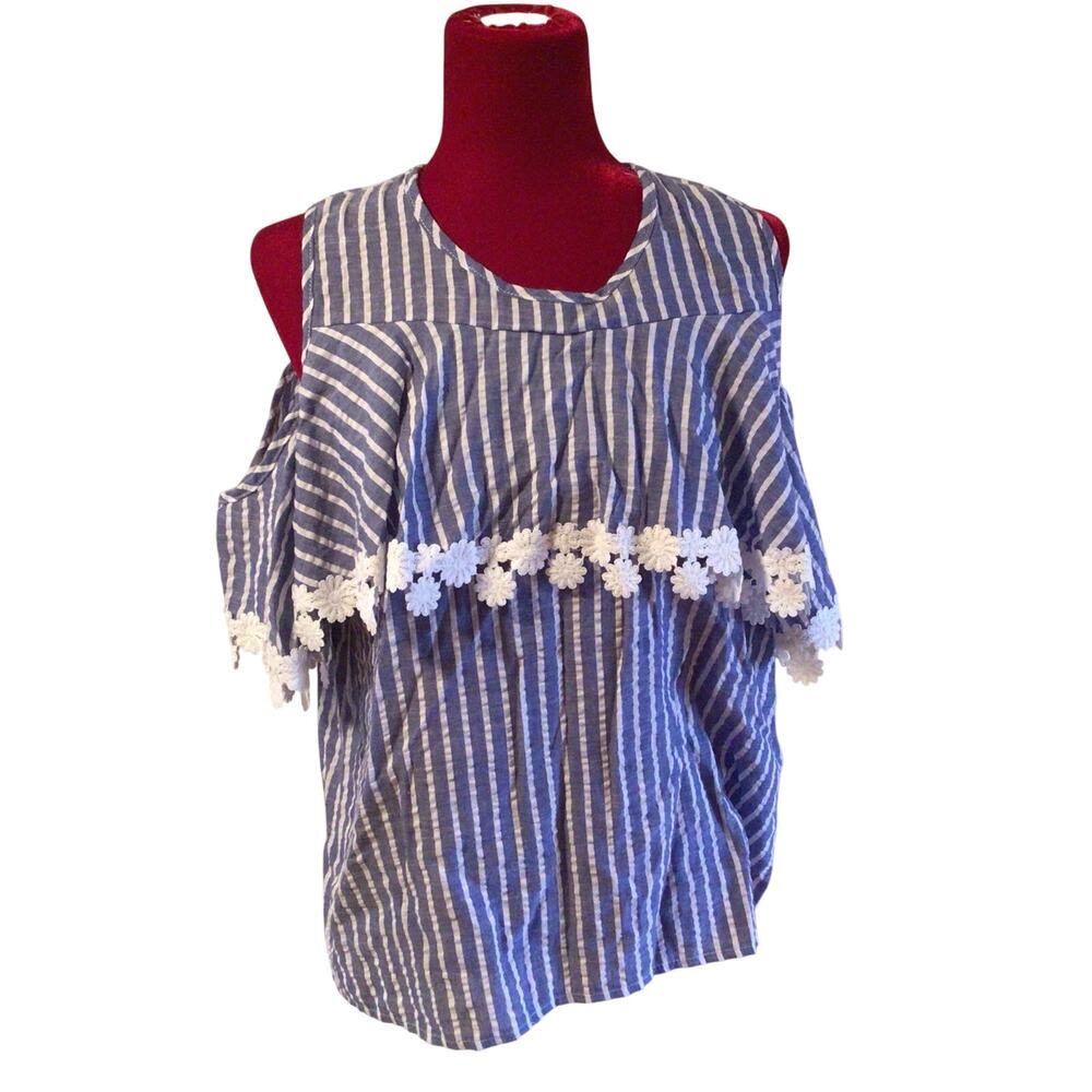 Lola B cold  Shoulder Blue stripped cotton top Sz M